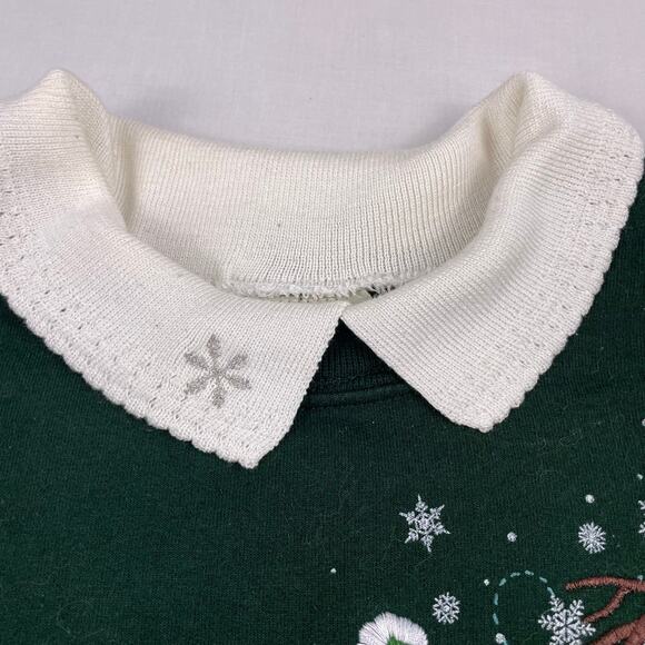 VTG Top Stitch Christmas Owls Collared Sweatshirt size L Green Embroidered - Picture 3 of 7